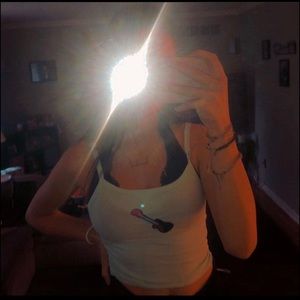 cropped blue tank top with guitar patch